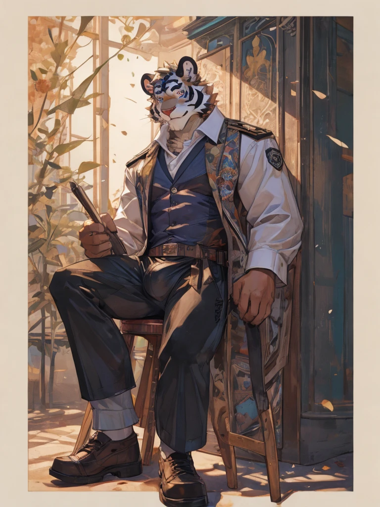 {{bara extremely handsome white tiger,}} {{white fur,}} white, wearing military like purple trench coat, purple trousers, white dress shirt and necktie, white fluffy furry body and limbs, loafers, very tall, very broad shoulders, narrow waist, muscular arms, massive pecs, purple eyes, very long legs, sitting on swivel chair with legs spread, massive bulge, reading file, sophisticated hot look, full body, sunlight casting over, 3/4 view, best quality, high quality, silver earring on left ear, sultry smirk