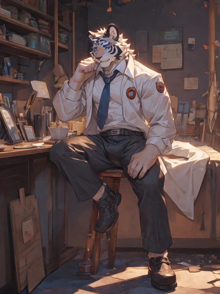 {{bara extremely handsome white tiger,}} {{white fur,}} white, wearing military like purple trench coat, purple trousers, white dress shirt and necktie, white fluffy furry body and limbs, loafers, very tall, very broad shoulders, narrow waist, muscular arms, massive pecs, purple eyes, very long legs, sitting on swivel chair with legs spread, massive bulge, reading file, sophisticated hot look, full body, sunlight casting over, 3/4 view, best quality, high quality, silver earring on left ear, sultry smirk