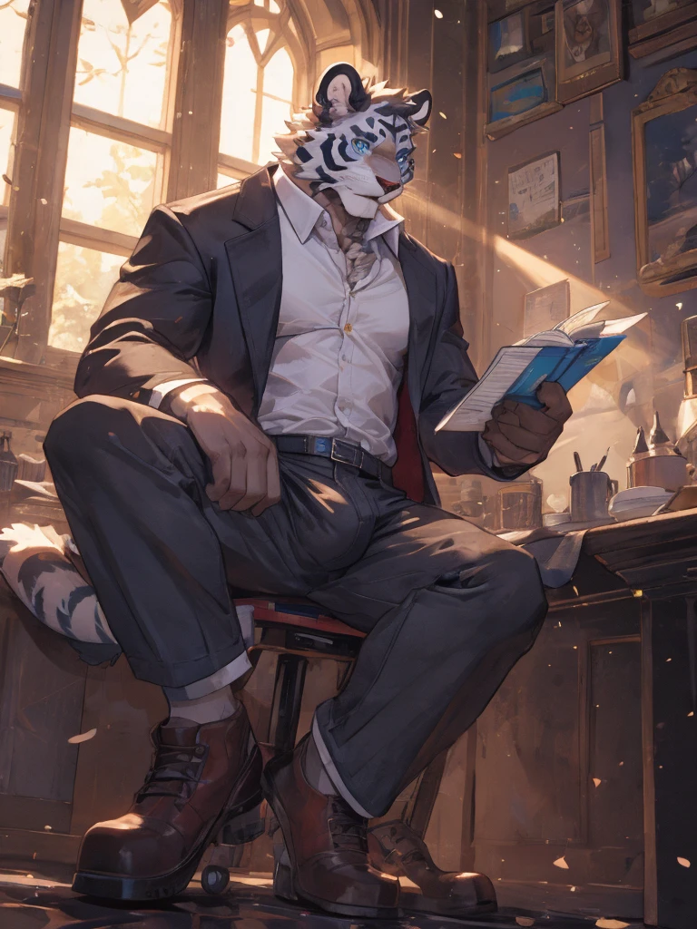 {{bara extremely handsome white tiger,}} {{white fur,}} white, wearing military like purple trench coat, purple trousers, white dress shirt and necktie, white fluffy furry body and limbs, loafers, very tall, very broad shoulders, narrow waist, muscular arms, massive pecs, purple eyes, very long legs, sitting on swivel chair with legs spread, massive bulge, reading file, sophisticated hot look, full body, sunlight casting over, 3/4 view, best quality, high quality, silver earring on left ear, sultry smirk