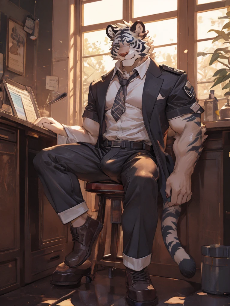 {{bara extremely handsome white tiger,}} {{white fur,}} white, wearing military like purple trench coat, purple trousers, white dress shirt and necktie, white fluffy furry body and limbs, loafers, very tall, very broad shoulders, narrow waist, muscular arms, massive pecs, purple eyes, very long legs, sitting on swivel chair with legs spread, massive bulge, reading file, sophisticated hot look, full body, sunlight casting over, 3/4 view, best quality, high quality, silver earring on left ear, sultry smirk
