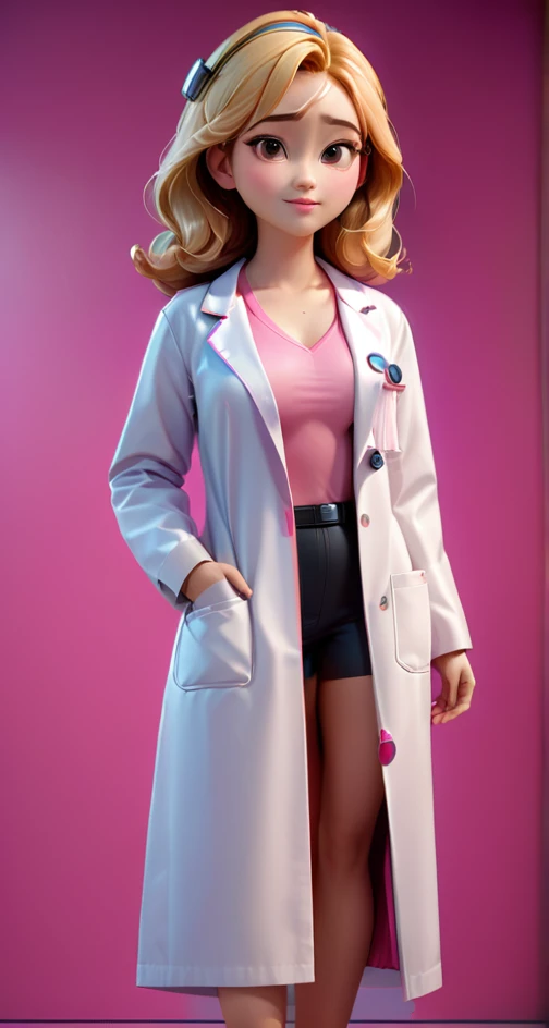 A beautiful young girl, realistic full body image of a beautiful girl, wearing a doctor's coat with a pink waena V neck undershirt, with big breasts.bright color octane rendering that is trending at the art station, unified color background wall, beautiful, attractive, 3d rendering, cute pixar, inspired by Du Qiong, blonde girl , andrew dickson , realistic, 3D, cartoon style, well shaded, smooth, Pixar.