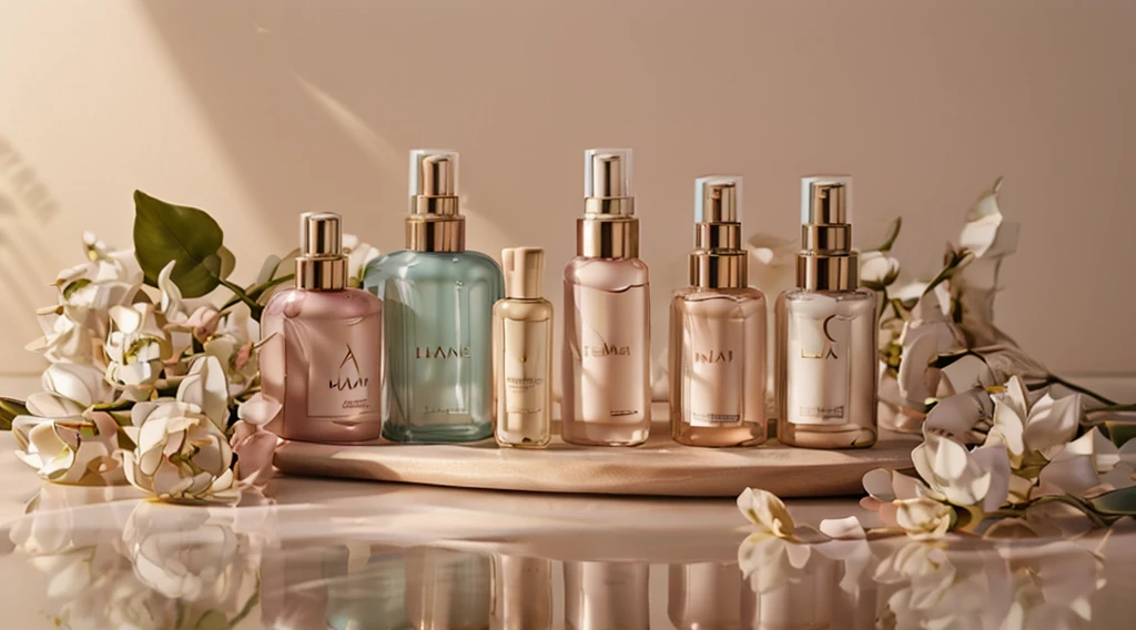 a luxurious skincare product display, elegant clean cosmetics, high-end beauty items, cosmetic packaging, pastel colors, glass bottles, natural ingredients, smooth clean surface, premium quality, serene ambient lighting, luxury brand logo, 4k, photorealistic, professional product photography