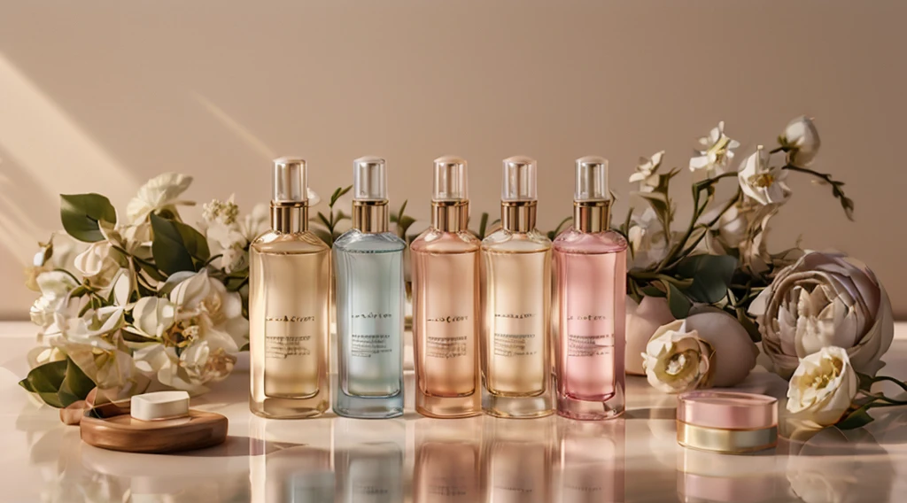 a luxurious skincare product display, elegant clean cosmetics, high-end beauty items, cosmetic packaging, pastel colors, glass bottles, natural ingredients, smooth clean surface, premium quality, serene ambient lighting, luxury brand logo, 4k, photorealistic, professional product photography