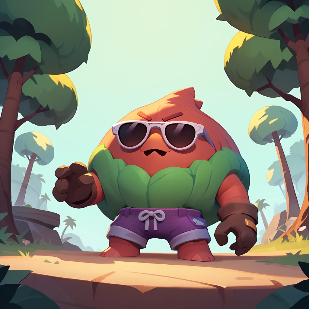 a living tree creature, sunglasses, wearing purple shorts and gloves