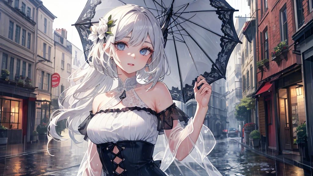 beautiful detailed eyes, beautiful detailed lips, extremely detailed eyes and face, long eyelashes, detailed body, perfect body beauty:1.4, hips:1.2, layered haircut, bust:1.2, wet clothes:1.1, rain, street:1.3, bandeau dress:1.1, very detailed face and skin texture, white skin, long hair, silence:1.3, (best quality,8k,masterpiece:1.3),focused:1.2