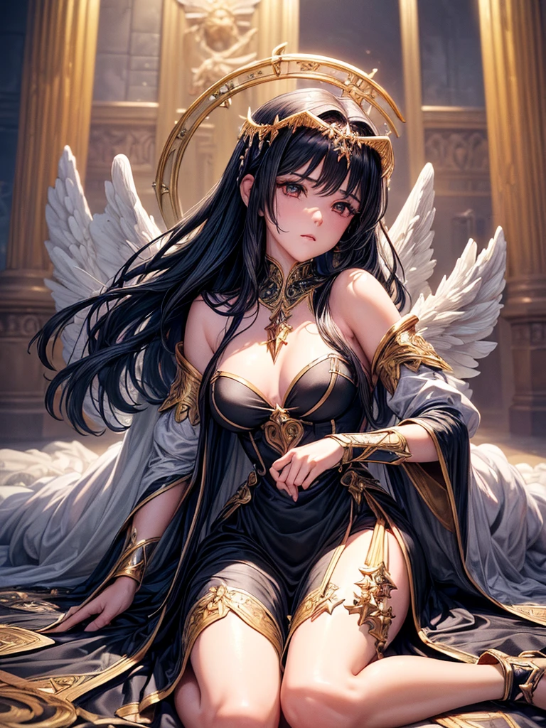 ((best quality)),(Ultra-high resolution),(Super detailed),(Detailed description),((Best CG))(Fantasy art with precise details:1.5), Black Hair,European classical long dress,(1 Female Angel:1.6),Angel Wings,side,Injuried,Blood,Half kneeling,Serious expression