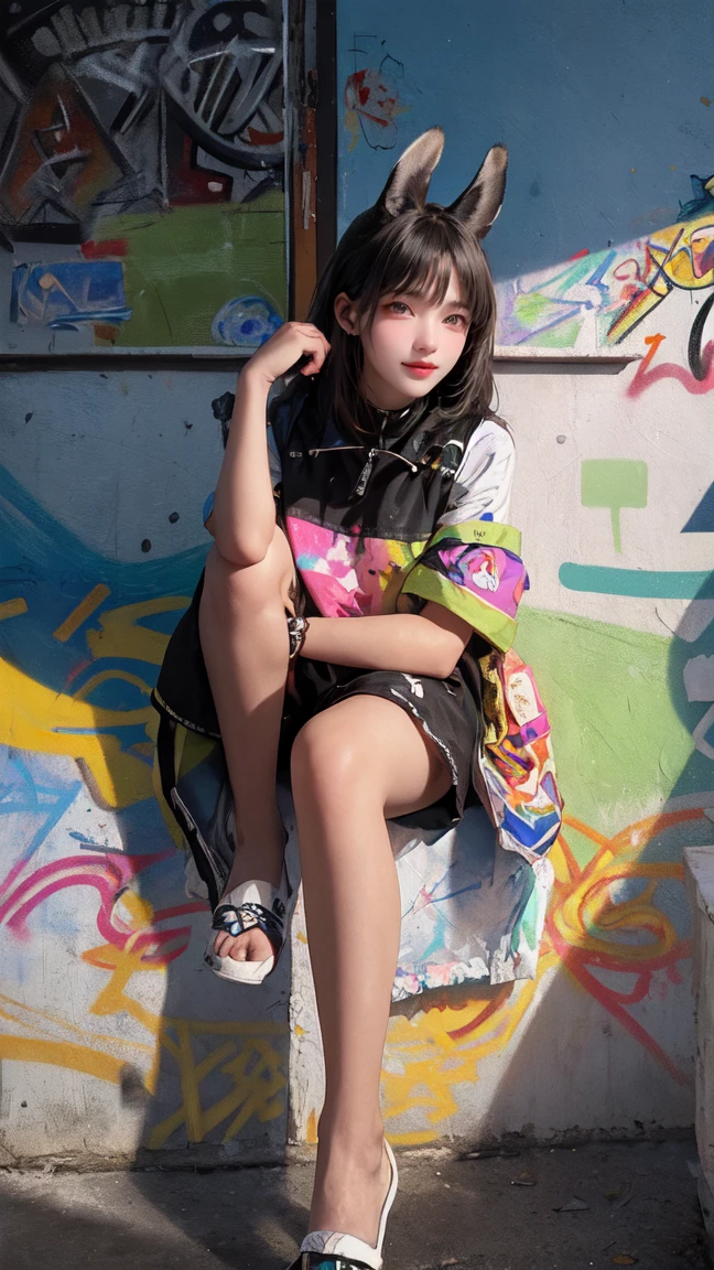 (highest quality), masterpiece, Extremely detailed CG8K illustration painting, high collar, Extremely high collar saturation, all colors become darker, painting, graffiti art, center composition, Highly detailed light and shadow, graffiti wall, the walls are painted in bright colors, One girl's graffiti One girl is looking at the wall, The face and eyes are very detailed., medium length hair, Transparent sportswear, colorful clouds、open sportswear、