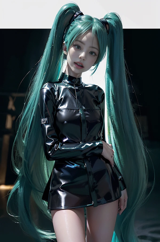 (((Hatsune Miku Character + jenny ))), (((Tosca hair color))), (( Long twin-tailed hair)), eyes looking at the scenery, (((laugh))), 16 year old girl, perfect body, complete anatomy, tosca eye color, double eyelid, huge breasts, Highly detailed skin texture, (realistic skin), very detailed face, detailed lips, detailed eyes, double eyelid, Necklace, wet skin, wet hair, (((simple background))), (front focus), (in the dark:1.6), (((Night Vibe))), deep darkness, photo realistic, ((dynamic pose)), (((world model pose))), dynamic lighting, art station, poster, volumetric lighting, very detailed face, 4 thousand, in the dark, (((Night Vibe))),deep shadows, low key, cowboy shot, (((latex miniskirt))), Lighting dresses, erotic black stockings, ((Spread your legs and show your pussy)), (((Pussy exposure))), nsfw