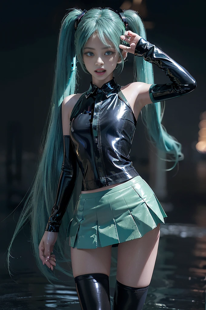 (((Hatsune Miku Character + jenny ))), (((Tosca hair color))), (( Long twin-tailed hair)), eyes looking at the scenery, (((laugh))), girl, perfect body, complete anatomy, tosca eye color, double eyelid, huge breasts, Highly detailed skin texture, (realistic skin), very detailed face, detailed lips, detailed eyes, double eyelid, Necklace, wet skin, wet hair, (((simple background))), (front focus), (in the dark:1.6), (((Night Vibe))), deep darkness, photo realistic, ((dynamic pose)), (((world model pose))), dynamic lighting, art station, poster, volumetric lighting, very detailed face, 4 thousand, in the dark, (((Night Vibe))),deep shadows, low key, cowboy shot, (((latex miniskirt))), Lighting dresses, erotic black stockings, ((Spread your legs and show your pussy)), (((Pussy exposure))), nsfw