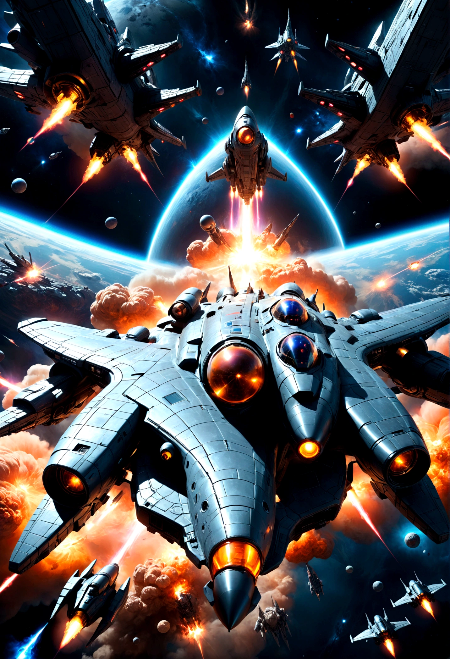 Space War, a futuristic sci-fi space battle, epic spaceship combat, massive explosions, lasers, alien technology, intergalactic warfare, dramatic lighting, cinematic composition, vibrant colors, detailed machinery, sleek spacecraft designs, intense action, heroic pilots, advanced weaponry, nebulae, star fields, cinematic atmosphere, highly detailed, masterpiece, best quality, very aesthetic, absurdres