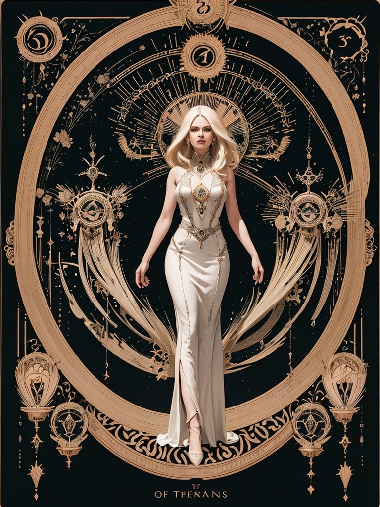 (best qualityer, work of art), (tarot, tarot card,:1.1) in full body photo, platinum blonde woman solo as the powerful Lady Death, ((doradas card frames)), ((esoteric symbols)), sigils, black backdrop, doradas, esoteric and glorious, epic background, Vibe Epic, in the artstyle of Mucha and in the style of tarot card