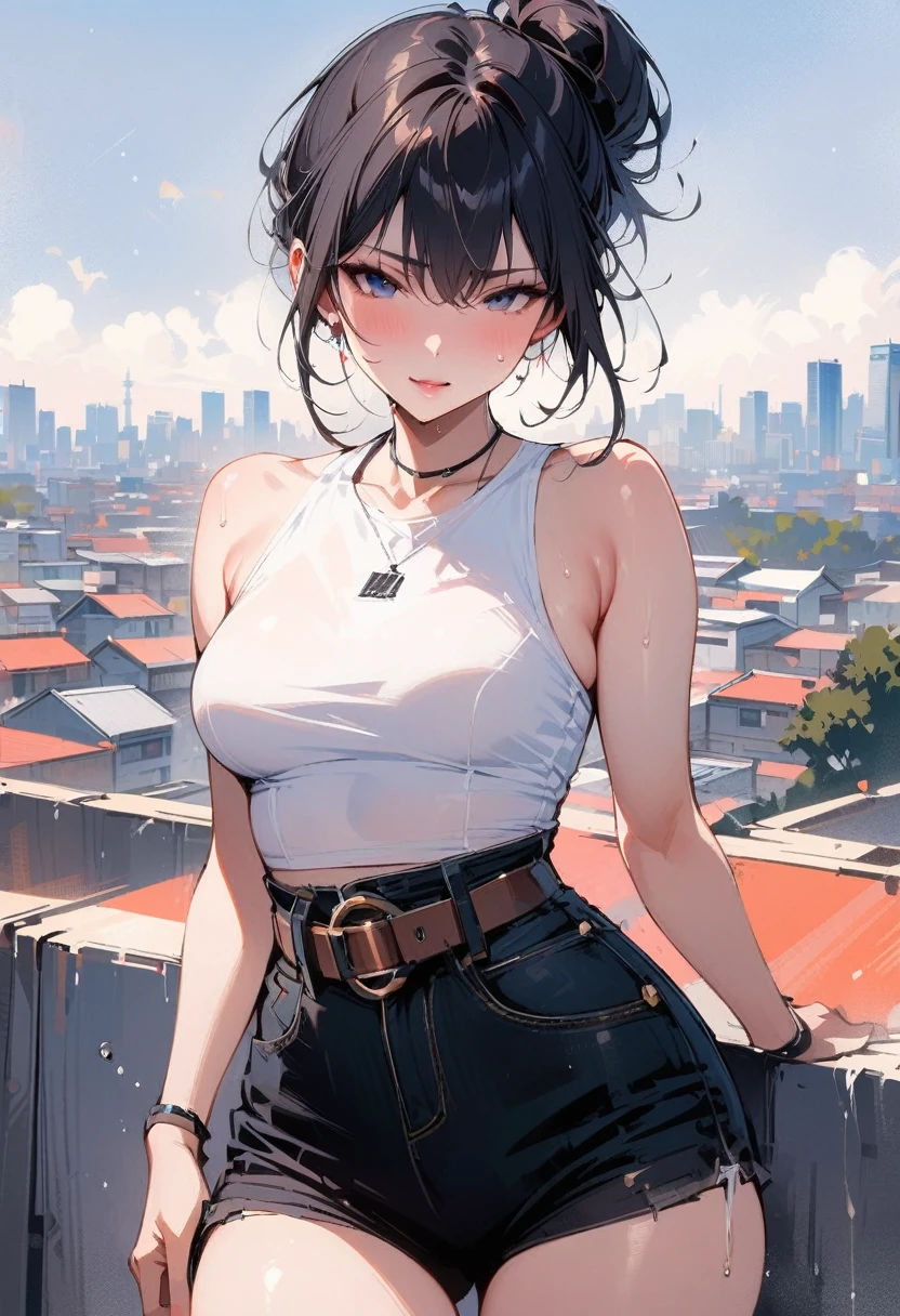 White skin,White skin,white face,white face蛋(masterpiece, best quality:1.2), 1 girl, Solitary , Sexy , (cut off_Jean), White top ,Cowboy shooting, Black Hair ,Hair Bun,, (Tokyo_background) , outdoor