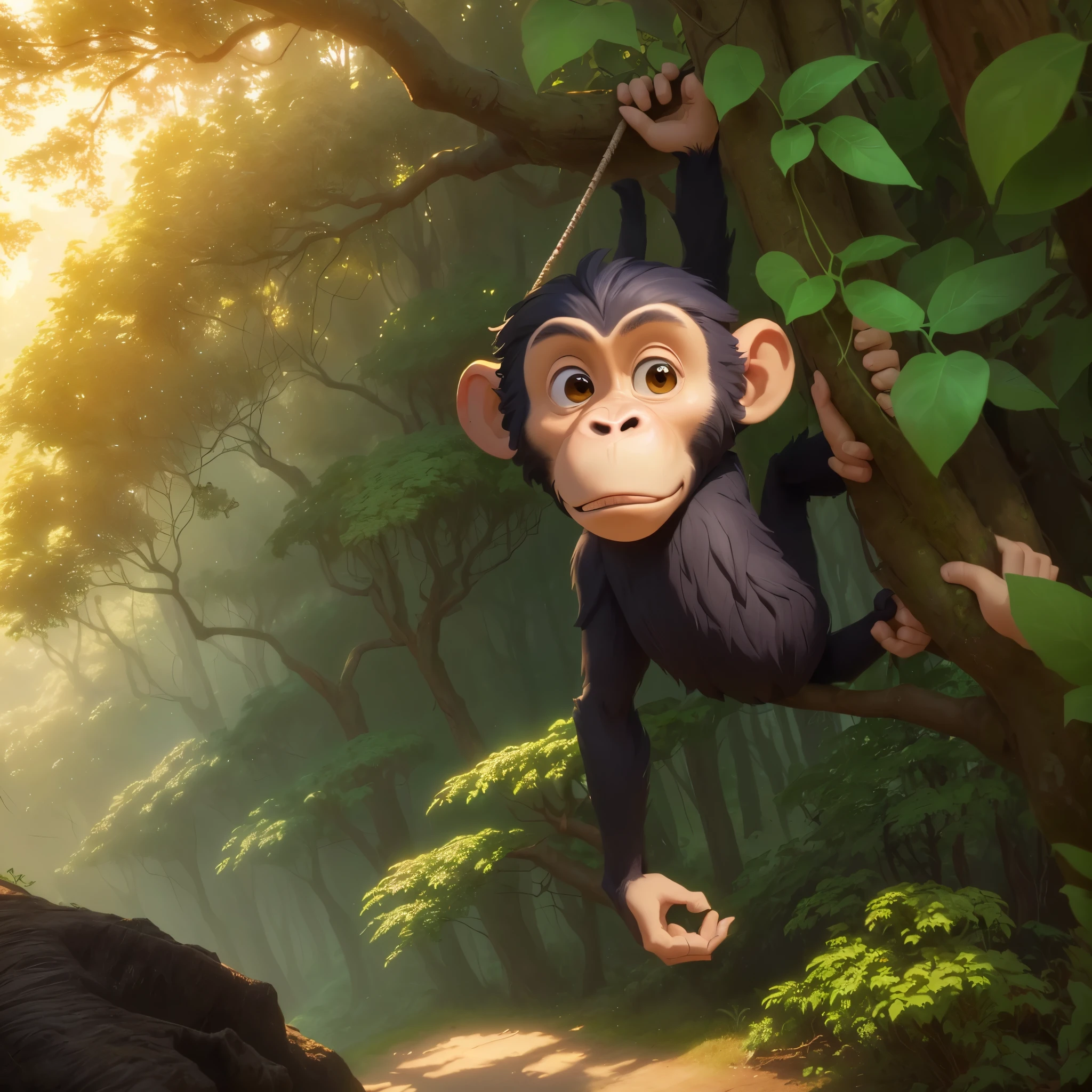 there is a cartoon monkey hanging from a tree branch , animated movie still, adorable digital painting, animated film, animated movie scene, humanoid monkey fantasy race, 3 d animated movie, cyber monkey in the scifi forest, disney's tarzan, apes hanging from vines, animated movie, background artwork, in style of disney animation, tarzan