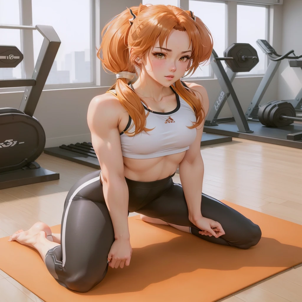 anime girl sitting on a mat in a gym with a pair of exercise equipment, working out, in a gym, beautiful anime girl squatting, chun li at the gym, smooth anime cg art, fit girl, realistic anime 3 d style, character is in her natural pose, strong pose, photorealistic anime girl render, asuka suit under clothes, rin, sporty physique, feet