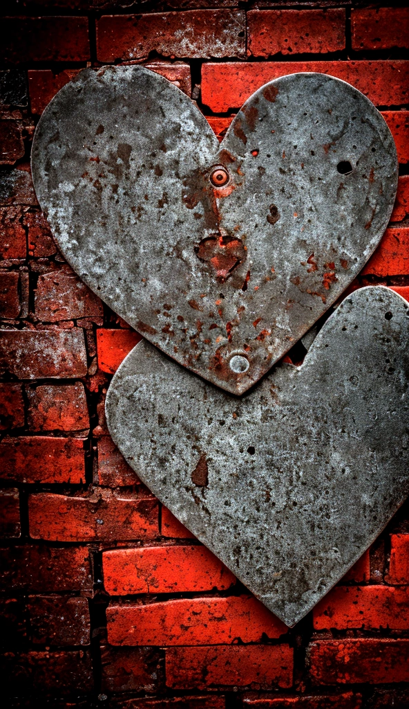 A RUSTY black heart Broken scratched and bleeding, in the dark, stuck to a rusty, shabby, ugly, mossy red brick wall. scratched, cut and bleeding, cuts and blood, realistic, professional photographer, low lighting. The best naturalistic work.