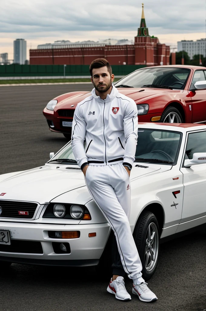 Draw a 30-year-old man in a white tracksuit near a red sports car in Moscow in 2300