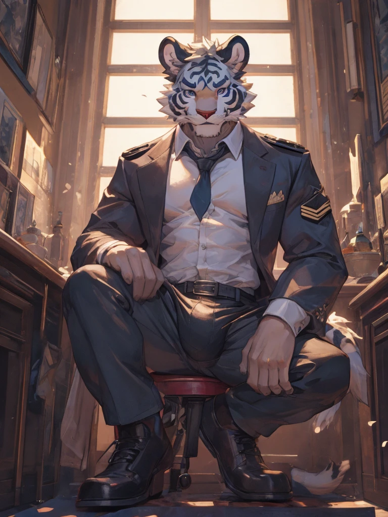 {{bara extremely handsome white tiger,}} {{white fur,}} white, wearing military like purple trench coat, purple trousers, white dress shirt and necktie, white fluffy furry body and limbs, loafers, very tall, very broad shoulders, narrow waist, muscular arms, massive pecs, purple eyes, very long legs, sitting on swivel chair with legs spread, massive bulge, reading file, sophisticated hot look, full body, sunlight casting over, 3/4 view, best quality, high quality, silver earring on left ear, sultry smirk