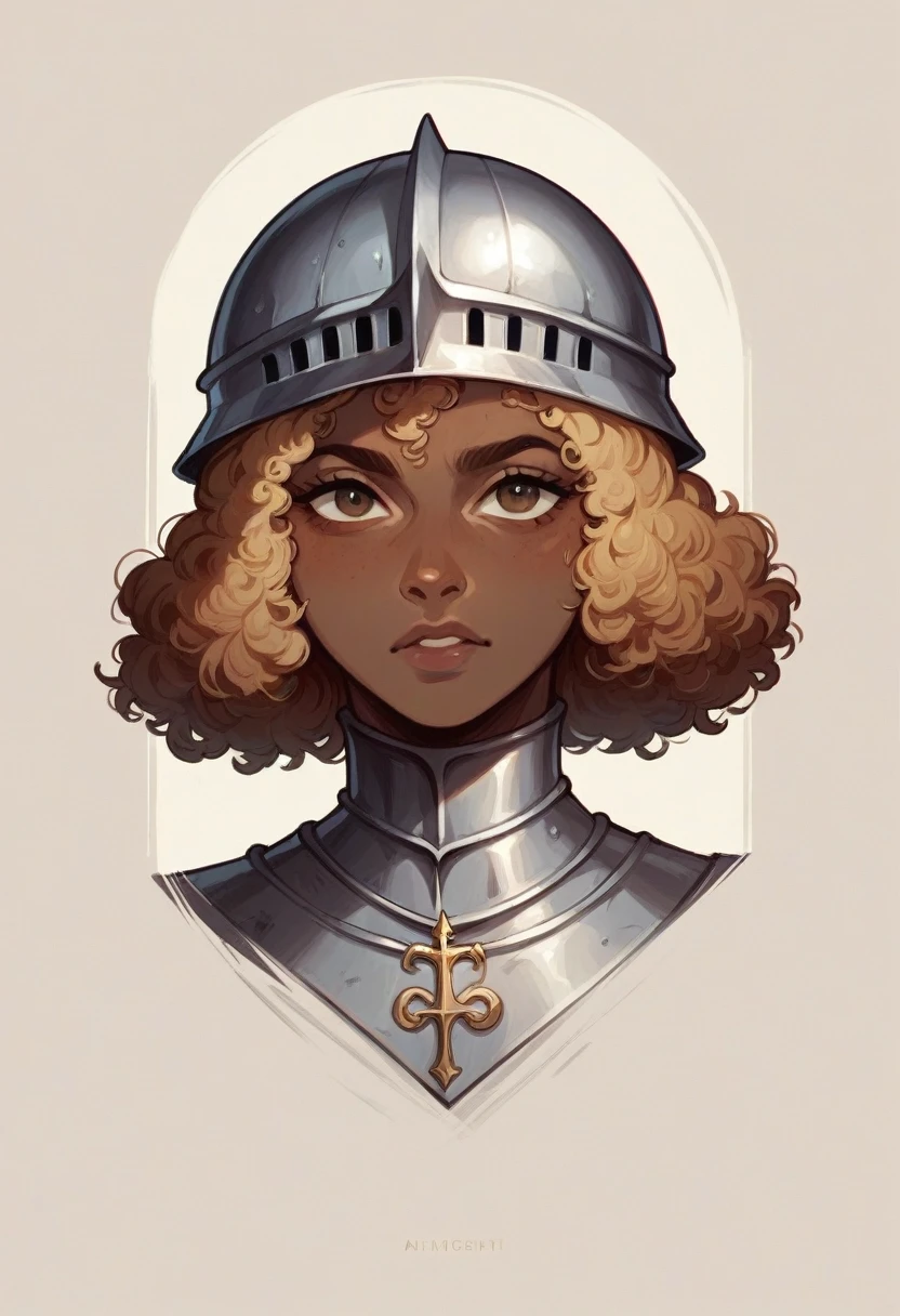 medieval knight without helmet, with dark skin and short curly hair 