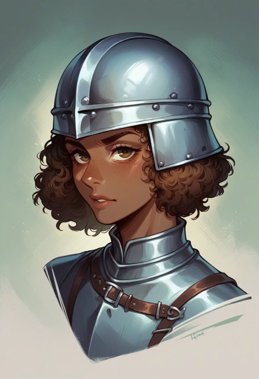 medieval knight without helmet, with dark skin and short curly hair