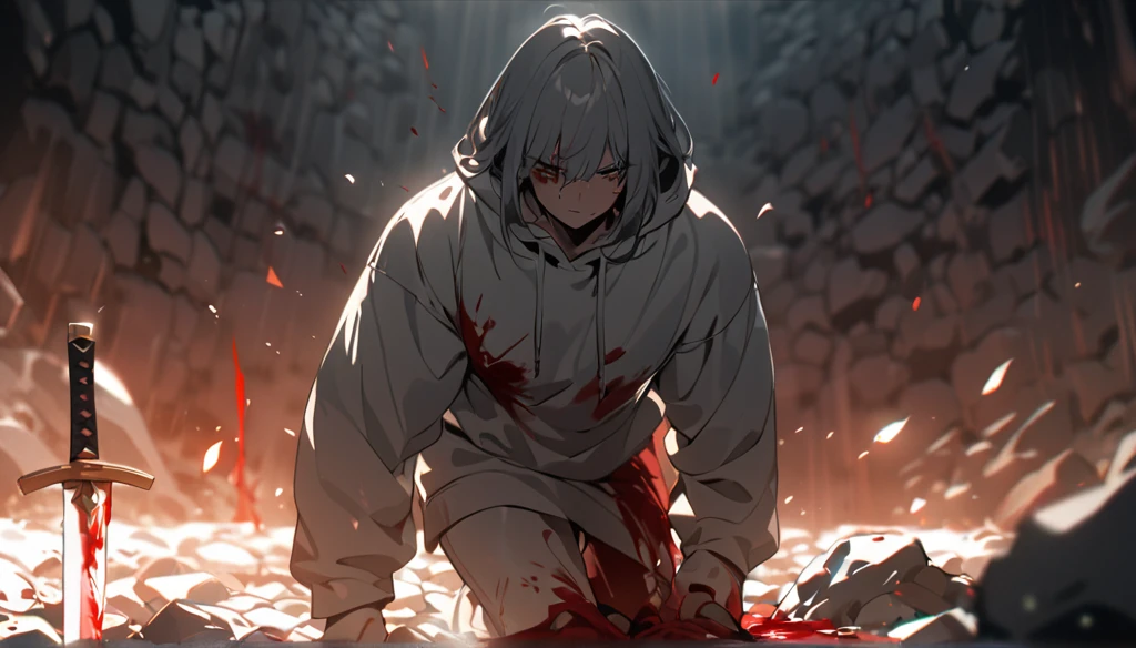 Resolution full, very accurate, best quality, masterpiece, blood, cinematic lighting, full HD, very sharpener, best art, very accurate, rock field, body, grey Hoodie, sword penetrates body, body pierced by sword, blood, bloody