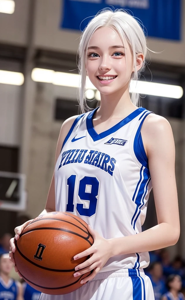 Basketball player, 16 year old girl with white hair, white skin and blue eyes, smiling