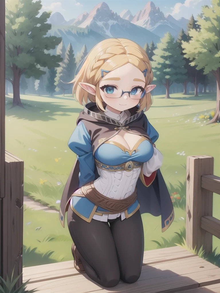 master-piece, bestquality, 1girls,s old, View viewers from front, HD, slight smile, big tits, cleavage, tights cloth, , tiny body, leaning forward, outdoor, mountain, wear glasses, under tits cleavage, look down, sweater, hands on kneels, stand up, aazelda, short hair, crown braid, hairclip, pointy ears, brown cape, blue shirt, puffy sleeves, long sleeves, fingerless gloves, black gloves, black pants, tight pants