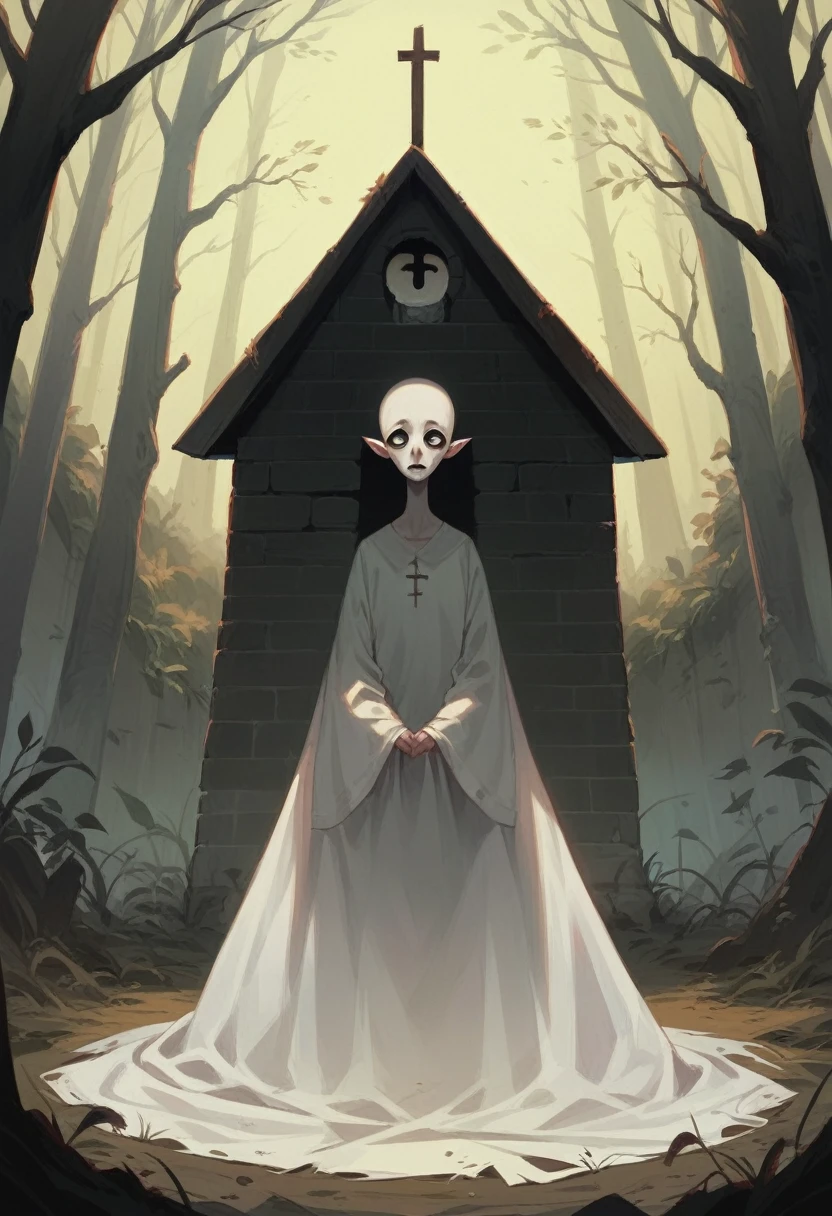 a dark horror house , girl standing in front wearing white long dress face unexpressive 