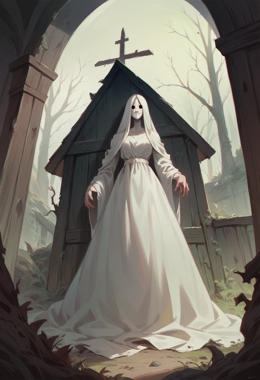 a dark horror house , girl standing in front wearing white long dress face unexpressive