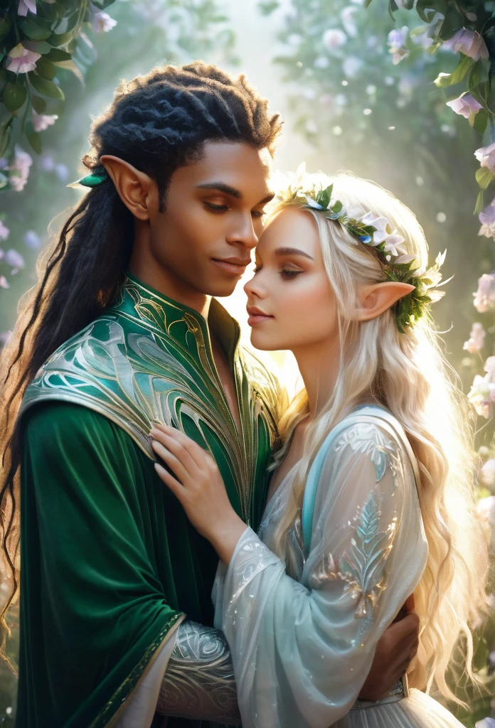 a couple of elves((a boy and a girl)),(beautiful black gir,long curly hair),(handsome blond guy)(elf ears),hugging each other,, sparkling flowers, ,light mist background,delicate, inocente,hiper detailed elf clothes. (high quality),(fantasy illustration),(art work),(refined details)