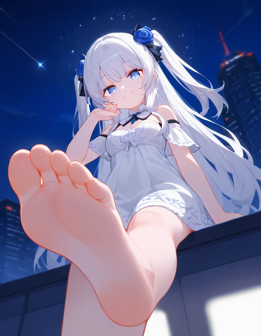 score 9, score 8 up, score 7 up, 1girl, solo, looking at viewer, smile, fur trim, bare shoulders, hair ornament, bangs, off shoulder, closed mouth, sleeveless, hand up, blurry, from below, low angle, ground level, foot focus, good feet, white hair, two side up, blue rose, white dress, long hair, breasts, bow, night, night sky, rooftop, sky, skyscraper, stage, star sky, starry sky