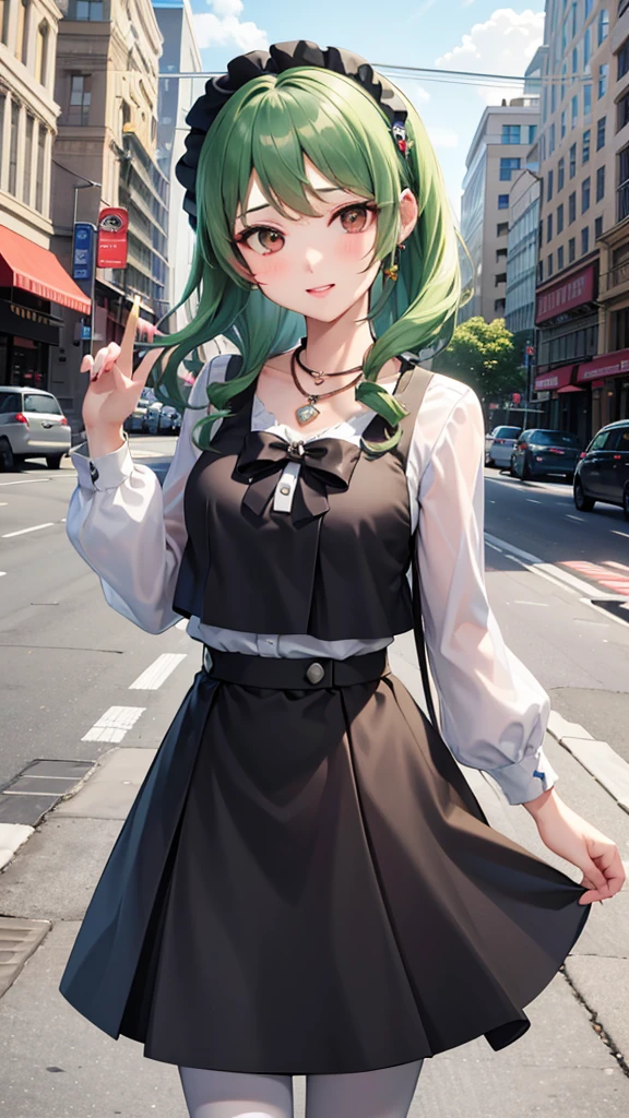 masterpiece, best quality, highres, 1girl, solo, yamagishi fuuka, , skirt, white pantyhose, jewelry, necklace, kirijodef, hair over one eye, , bow, black skirt, happy, cowbow shot, city street