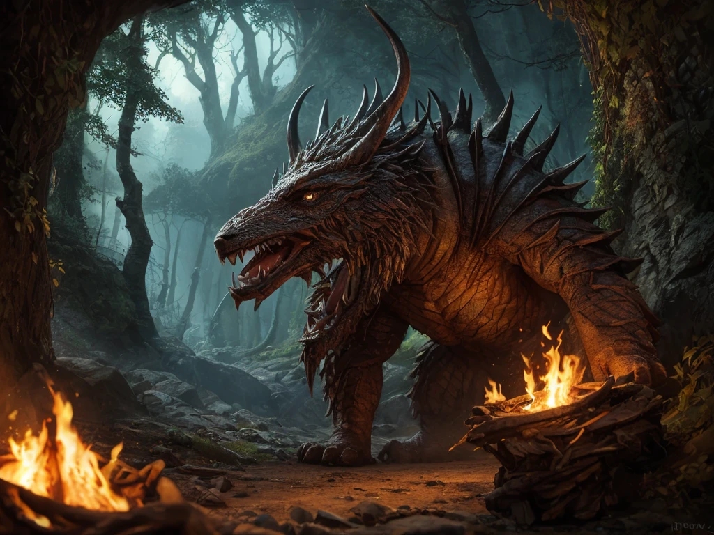 inspiré de Tolkien,À la manière de John Howe,detailed fantasy landscape,enchanted forests,majestic mountains,epic battles,dangerous dungeons,magical creatures,highly detailed armor,best quality,4k,8k,highres,masterpiece:1.2,ultra-detailed,realistic,photorealistic,photo-realistic:1.37,HDR,UHD,studio lighting,ultra-fine painting,sharp focus,physically-based rendering,extreme detail description,professional,vivid colors,bokeh,fantasy art