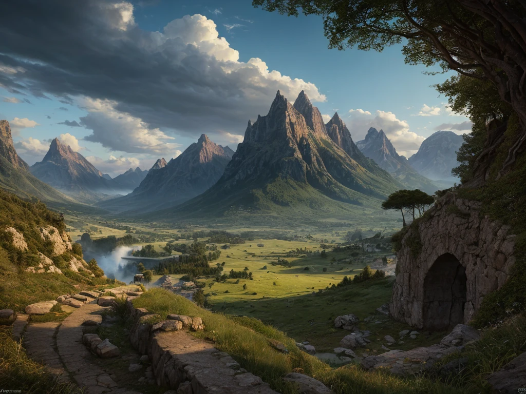 inspiré de Tolkien,À la manière de John Howe,detailed fantasy landscape,enchanted forests,majestic mountains,epic battles,dangerous dungeons,magical creatures,highly detailed armor,best quality,4k,8k,highres,masterpiece:1.2,ultra-detailed,realistic,photorealistic,photo-realistic:1.37,HDR,UHD,studio lighting,ultra-fine painting,sharp focus,physically-based rendering,extreme detail description,professional,vivid colors,bokeh,fantasy art