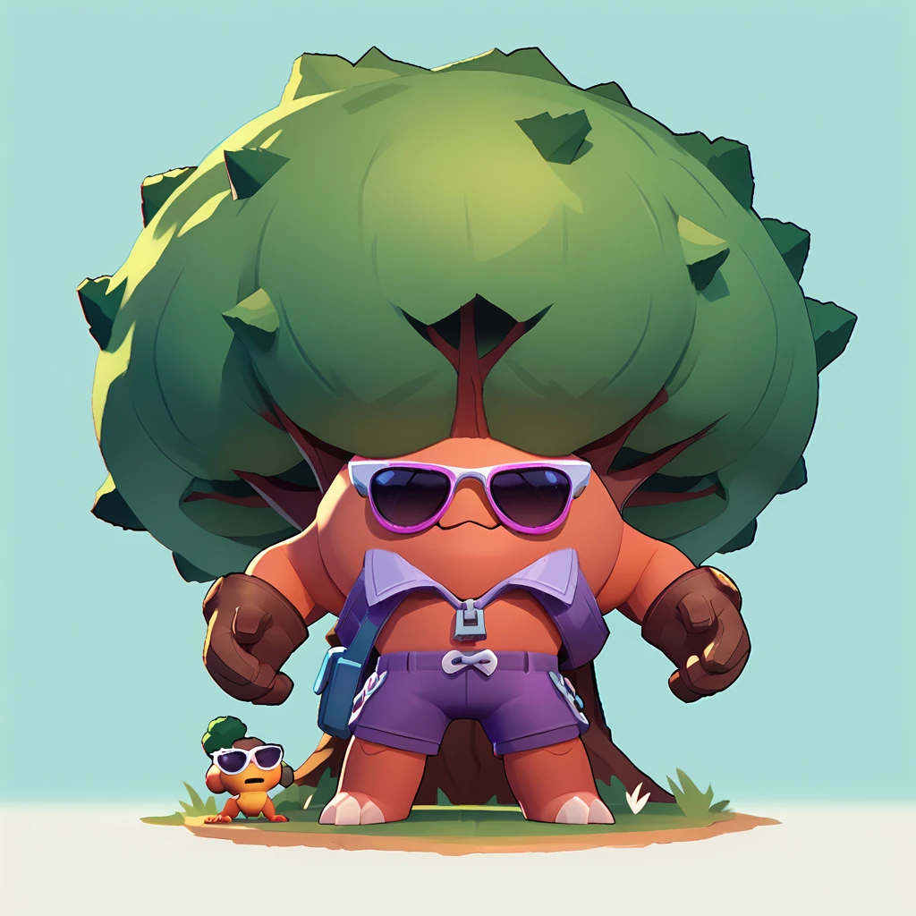 a living tree creature, sunglasses, wearing purple shorts and gloves