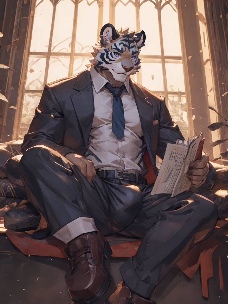 {{bara extremely handsome white tiger,}} {{white fur,}} white, wearing military like purple trench coat, purple trousers, white dress shirt and necktie, white fluffy furry body and limbs, loafers, very tall, very broad shoulders, narrow waist, muscular arms, massive pecs, purple eyes, very long legs, sitting on swivel chair with legs spread, massive bulge, reading file, sophisticated hot look, full body, sunlight casting over, 3/4 view, best quality, high quality, silver earring on left ear, sultry smirk