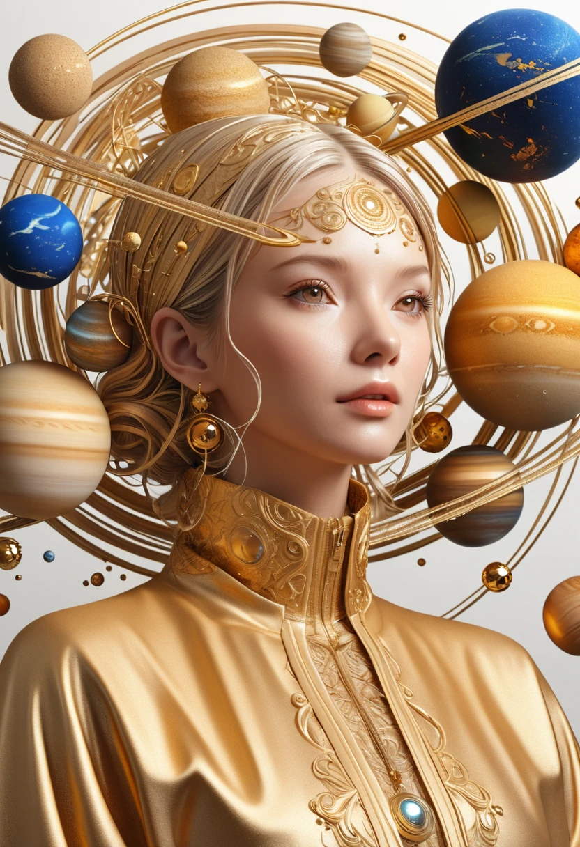 a highly detailed and intricate 3D portrait of a person, golden color, surrounded by many orbiting planets with complex planetary decorations, studio lighting, white background,Simple and clean,Light and Shadow,