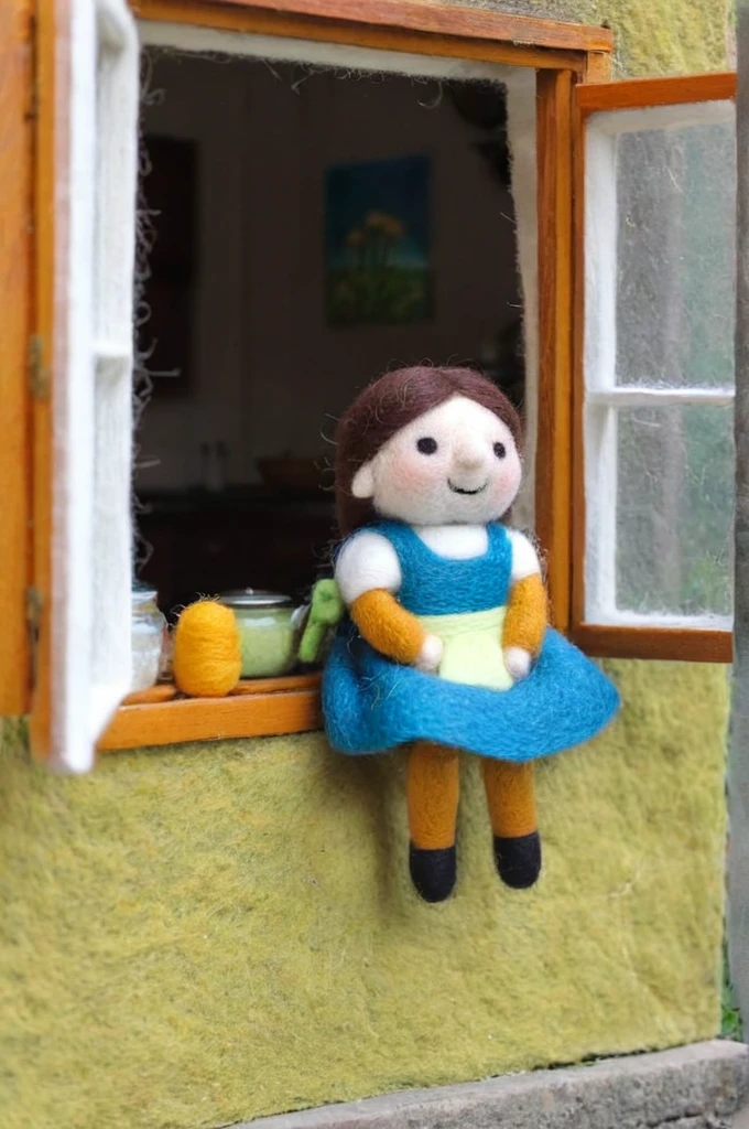 Wool Felt doll, Felt, wool Felt, , A detailed depiction of a mother taking a break in the kitchen, Window Sunny day, Happy, smile,