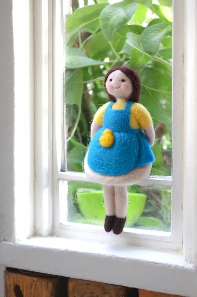 Wool Felt doll, Felt, wool Felt, , A detailed depiction of a mother taking a break in the kitchen, Window Sunny day, Happy, smile,