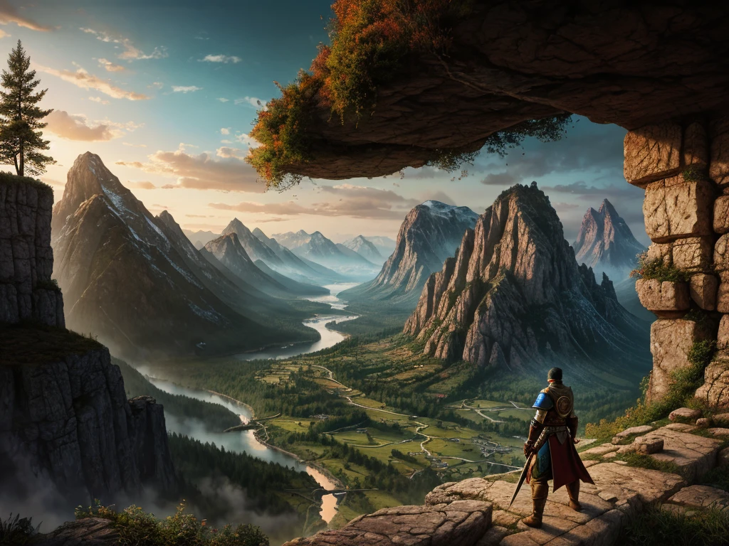 inspiré de Tolkien,À la manière de John Howe,detailed fantasy landscape,enchanted forests,majestic mountains,epic battles,dangerous dungeons,magical creatures,highly detailed armor,best quality,4k,8k,highres,masterpiece:1.2,ultra-detailed,realistic,photorealistic,photo-realistic:1.37,HDR,UHD,studio lighting,ultra-fine painting,sharp focus,physically-based rendering,extreme detail description,professional,vivid colors,bokeh,fantasy art