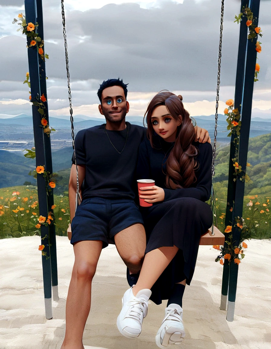 Do pixar style me and my girlfriend on a swing with flowers supporting the swing