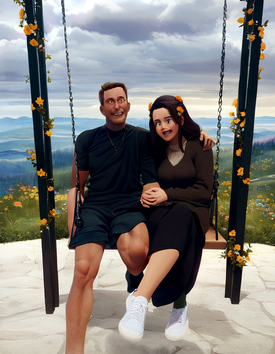 Do pixar style me and my girlfriend on a swing with flowers supporting the swing