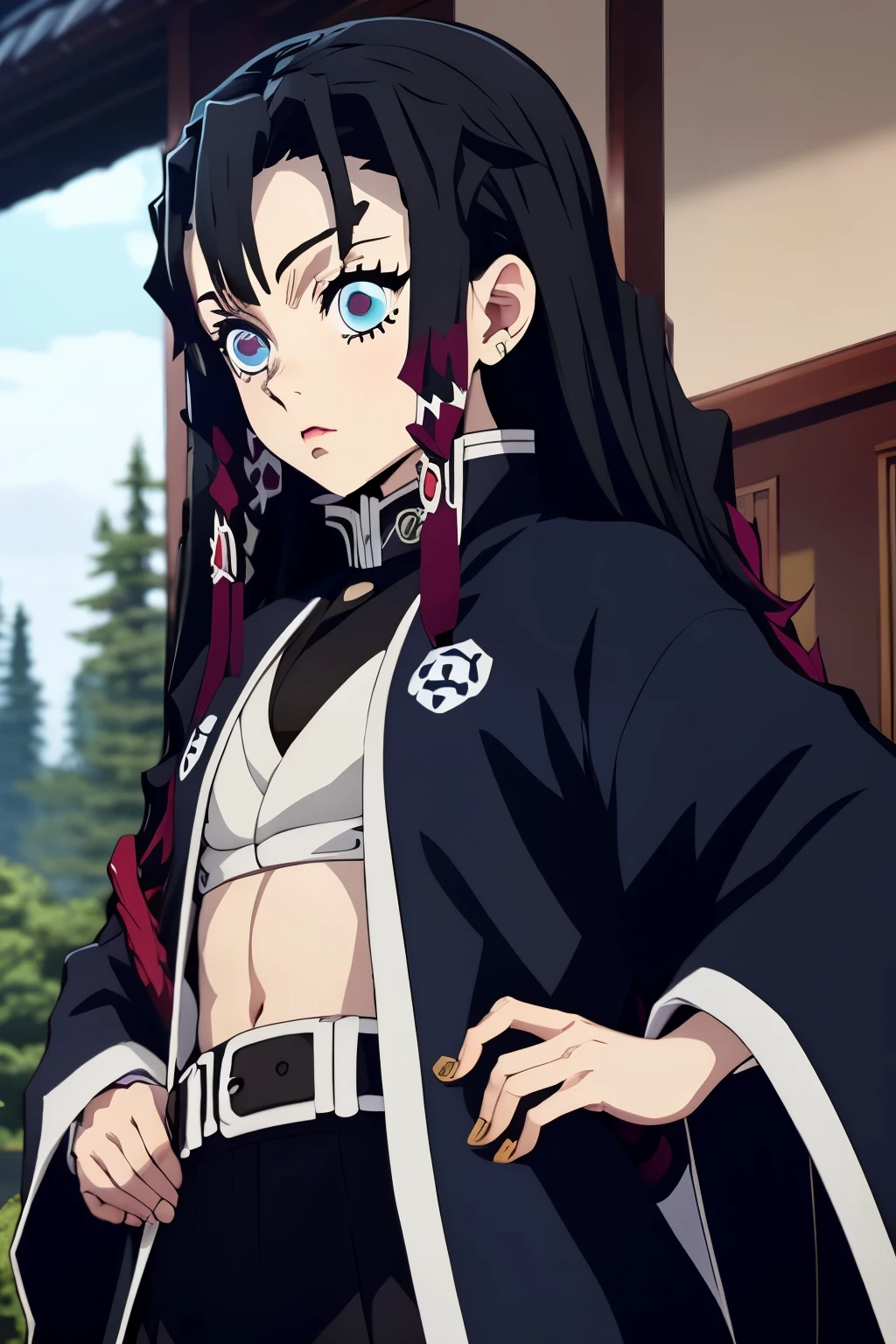 beautiful girl with blue eyes, pale skin, long length black hair, demon slayer animation, Kimetsu no Yaiba uniform, navy blue haori with stars 