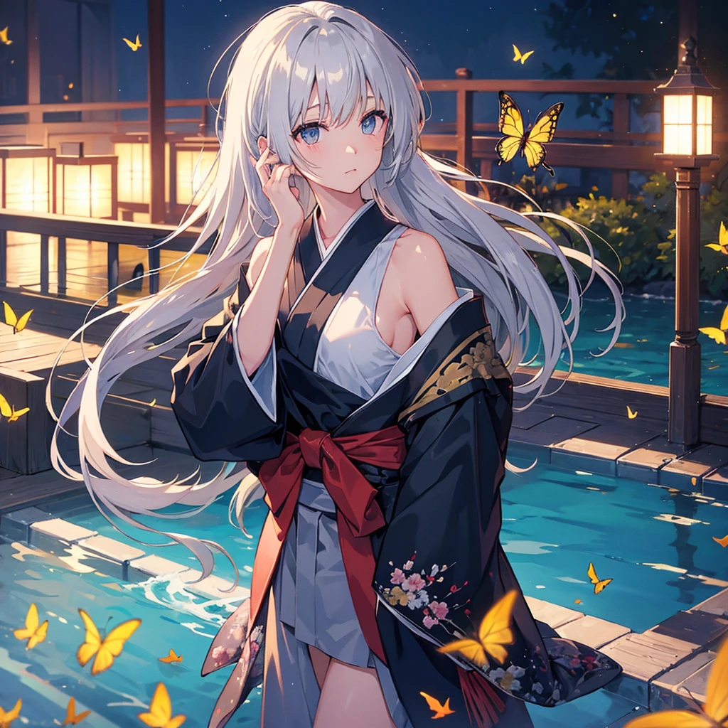((High resolution Gray Hair Long Hair Black kimono Black Band military commander Lonely despair)) ((Yellow butterfly night Japanese style shoulder old Shining Aura Japanese garden water surface)) (dance Blade of Darkness Japanese sword Swing down Slashing) moon star Draw your sword Slashing Catch the wind autumn
