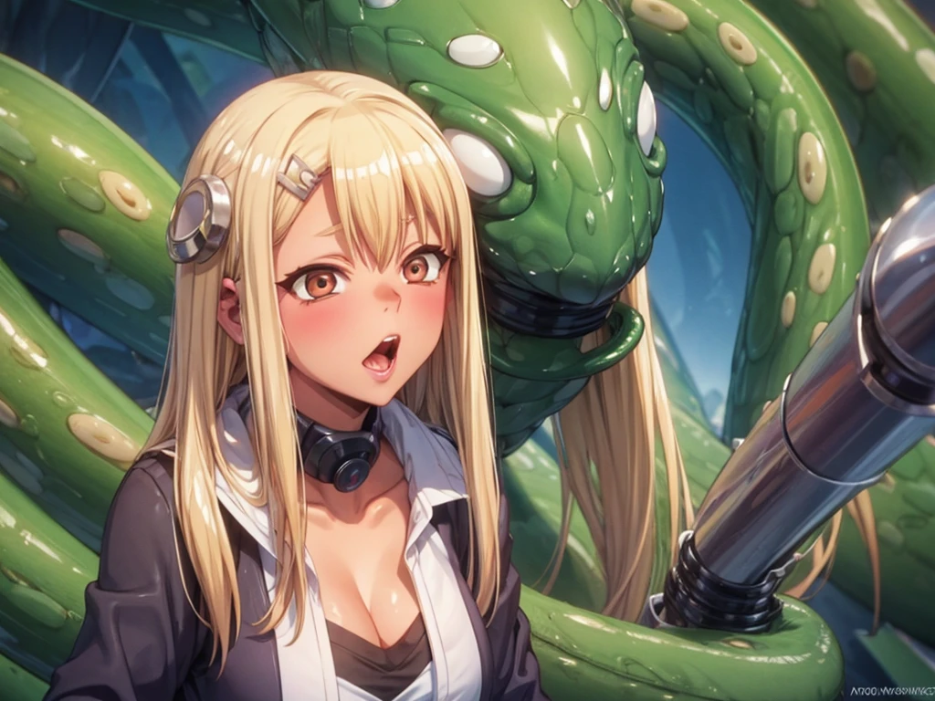 Thick giant blonde chick leaning forward tentacle pops out from within her mouth