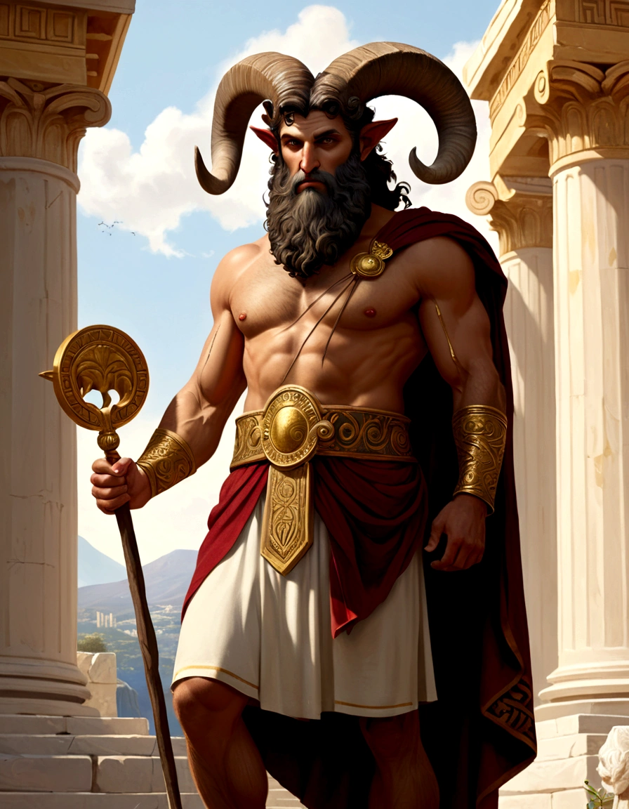 (best quality,4k,8k,highres,masterpiece:1.2),ultra-detailed,dnd character art, a satyr with a dark beard, goat horns, dressed like an Ancient Greek philosopher, Greek tunic with gold embroidery, tanding before a Greek temple, Greek mythology, satyr, faun, Renaissance art style, Renaissance painting