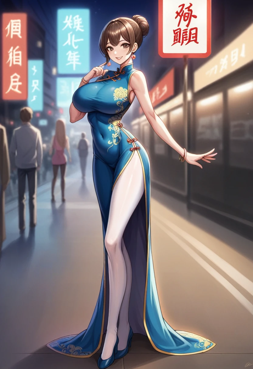 8K, masutepiece, Raw photo, Best Quality, Photorealistic, Highly detailed CG Unity 8k wallpaper, depth of fields, Cinematic Light, Lens Flare, Ray tracing, (Extremely beautiful face, Beautiful lips, Beautiful eyes), intricate detail face, ((Ultra detailed skin)) 1girl in, In the Dark, deepshadow, Pretty Korean girl, Kpop Idol, 1 girl, (Very slim and slender fit muscular body:1.3), ((Looking at Viewer)),(Big smile:1.3), (Fashion City Night, a dark night, (Neon sign), (Blurred background), Fashion Street Night),(No people in the background:1.3), Beautiful earrings, Bracelets, pantyhose, Clear eyes, Walking, (pale skin), (Big eyes), Face forward, (Brown hairs), (Full body shot), ((Blue silk cheongsam:1.3)), ((tight fit dresses)), , (Looking at Viewer:1.3) opened breast, Very slim,huge breasts, backtrack, ass focus, Before the eyebrows,(Tight Dress),Beautiful ponytail