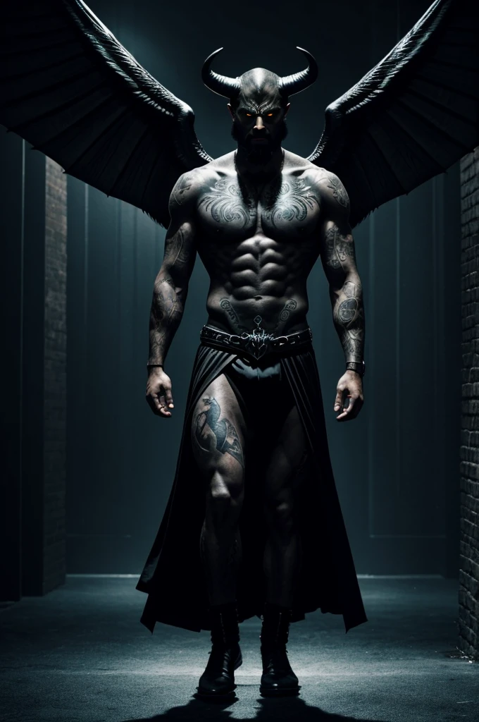 The tattoo shows the figure of a standing man, firm and determined, with an aura of confidence. behind him, an imposing demon emerges from the shadows, with dark horns and spread wings, symbolizing the hidden power that protects you and gives you strength. The combination of elements conveys the duality between humanity and the powerful forces that remain hidden but always present..