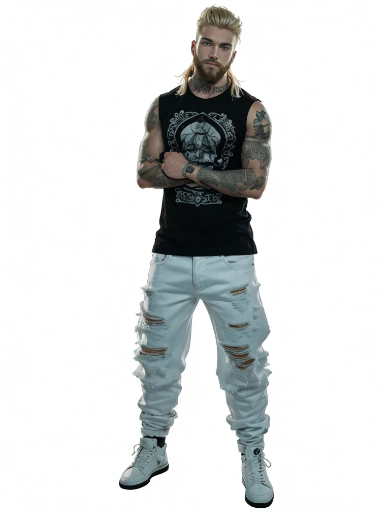 A strong man with fair skin and full body, with short blonde hair, with beard, with tattoos on the arm, with a black t-shirt and fashionable low-cut white jeans.