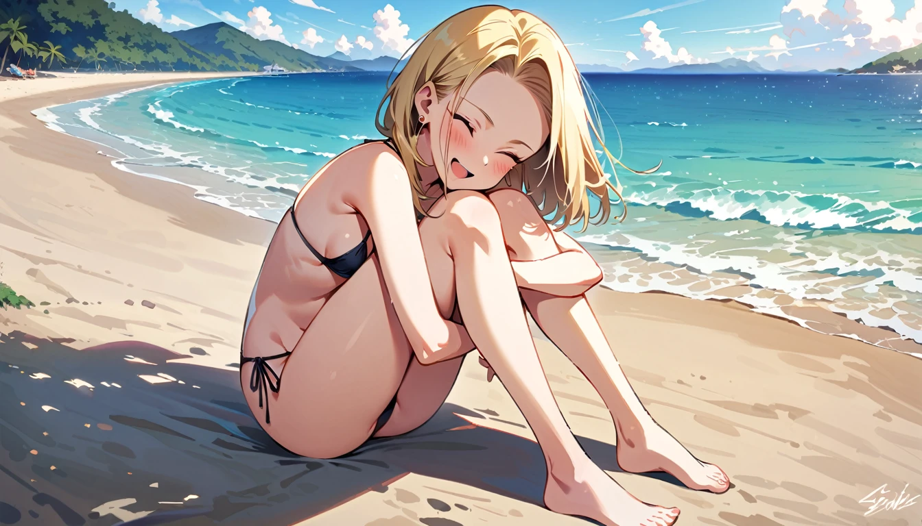 (masterpiece, best quality:1.2), full body, (solo), Android 18 from Dragon Ball, 20s, ((string bikini, black bikini)), (sitting, hugging own legs,) small breasts, blunt bangs, short blonde hair, (close eyes), earrings on earlobes, slender feminine figure, skinny body, blush, sky, magnificent view, blur background, 4K, open mouth, beach, side-tie bikini bottom, smile, Sandy Beach, lowleg bikini, barefoot, side boob,