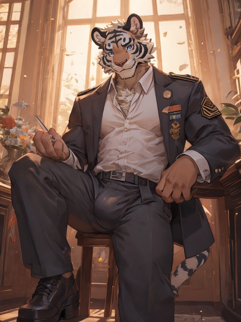 {{bara extremely handsome white tiger,}} {{white fur,}} white, wearing military like purple trench coat, purple trousers, white dress shirt and necktie, white fluffy furry body and limbs, loafers, very tall, very broad shoulders, narrow waist, muscular arms, massive pecs, purple eyes, very long legs, sitting on swivel chair with legs spread, massive bulge, reading file, sophisticated hot look, full body, sunlight casting over, 3/4 view, best quality, high quality, silver earring on left ear, sultry smirk
